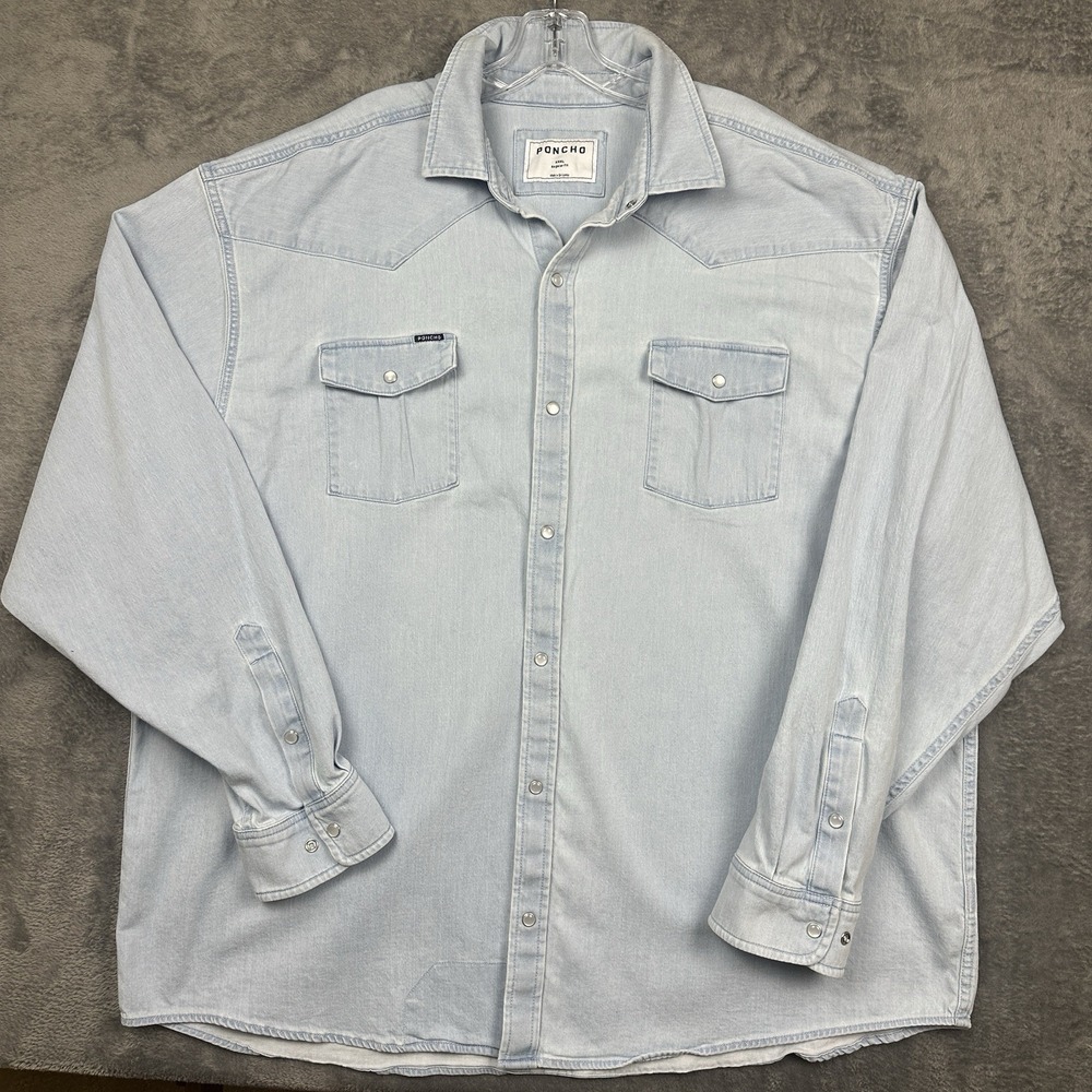 Poncho Outdoors The Marfa Men's 3XL Performance Denim Shirt Pearl Snaps Blue